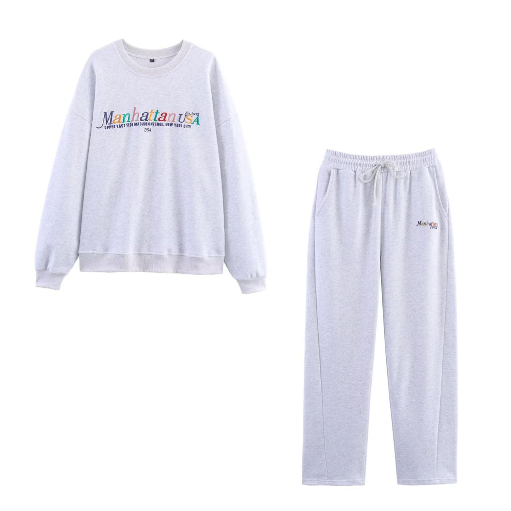 Casual Round-Neck Preppy Long-Sleeve Sweater Trousers Sports Set