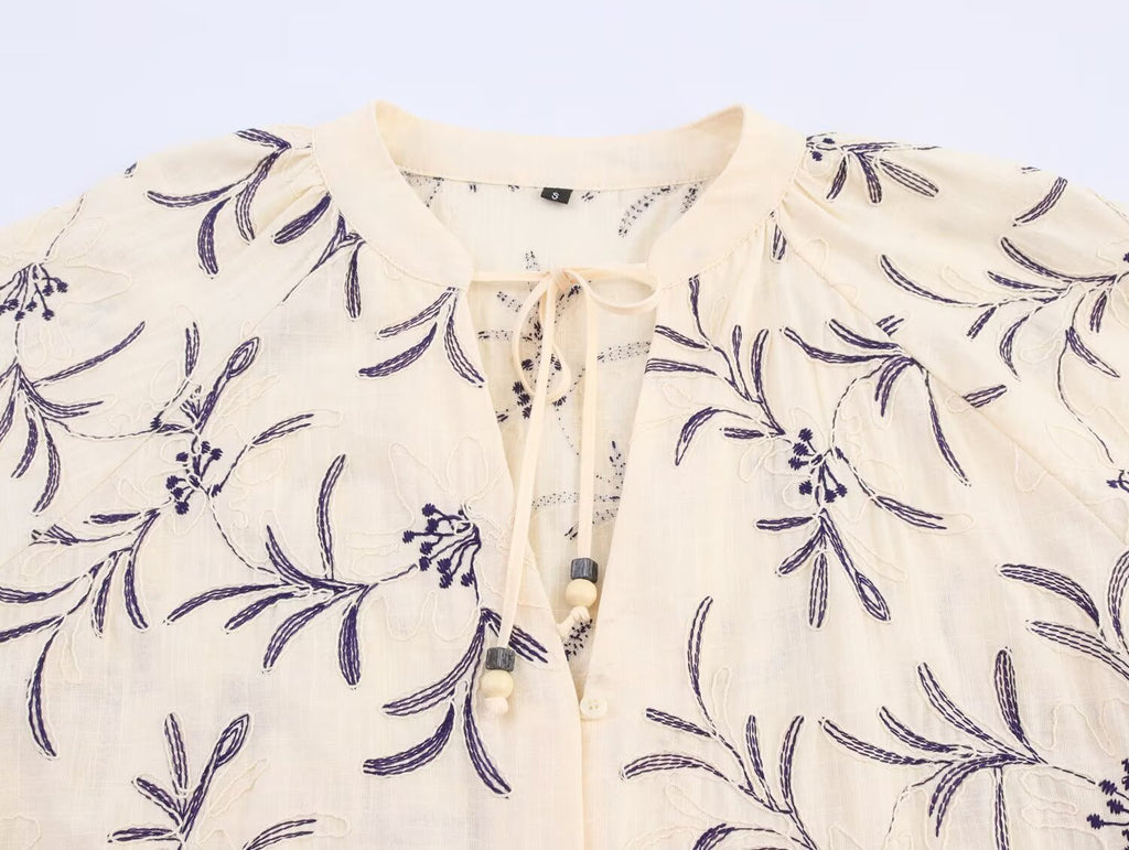 Women's Lace-Up Embroidered Loose Shirt