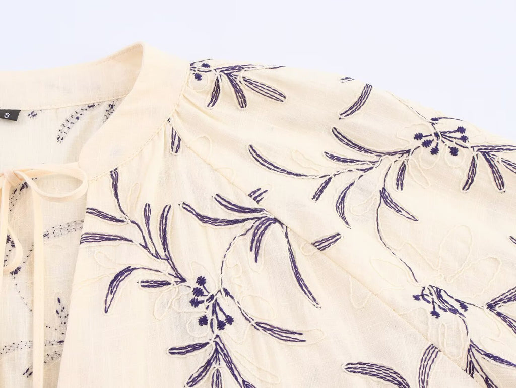 Women's Lace-Up Embroidered Loose Shirt
