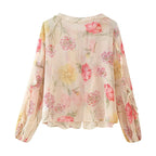 Women's Fall Women Clothing Dignified Floral Printed Translucent Long Sleeved Shirt