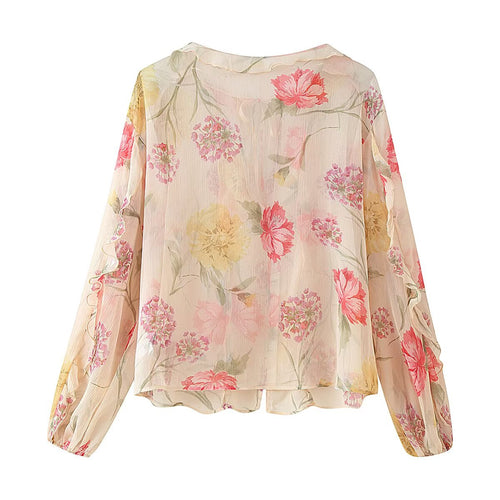 Women's Fall Women Clothing Dignified Floral Printed Translucent Long Sleeved Shirt
