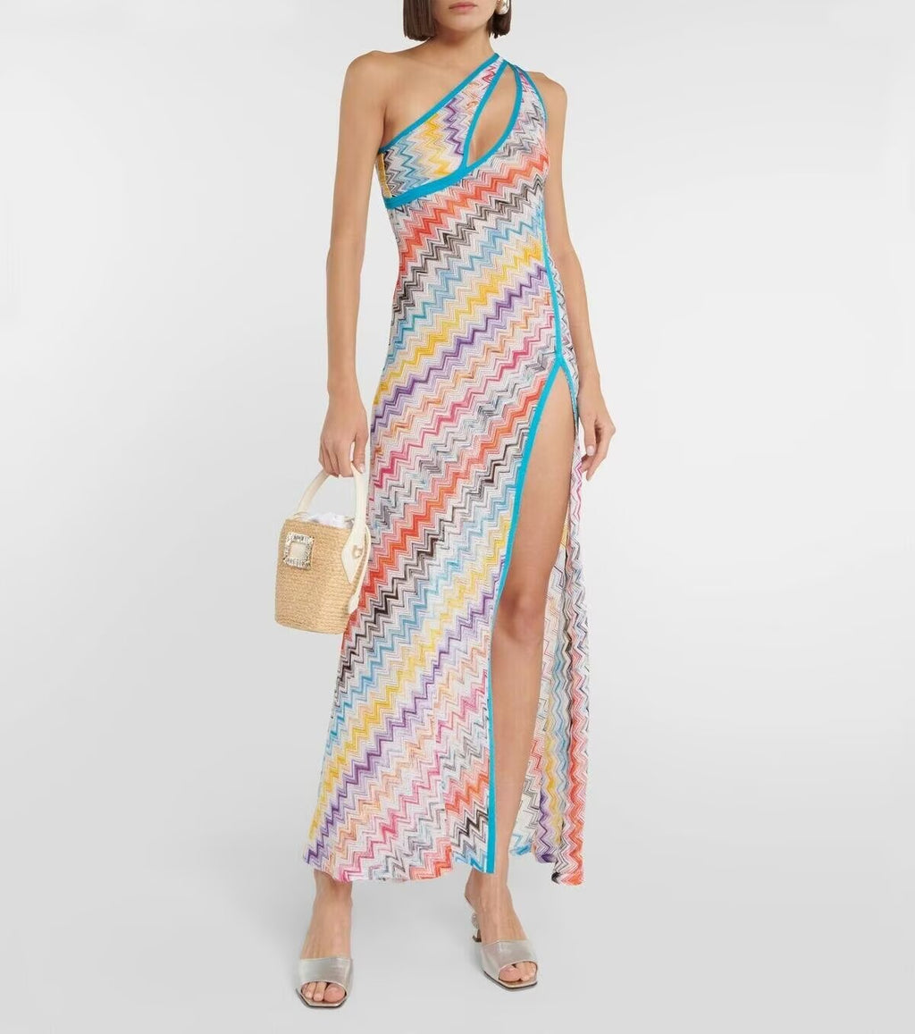 Oblique Shoulder Chest Hollow Out Cutout Split Dress