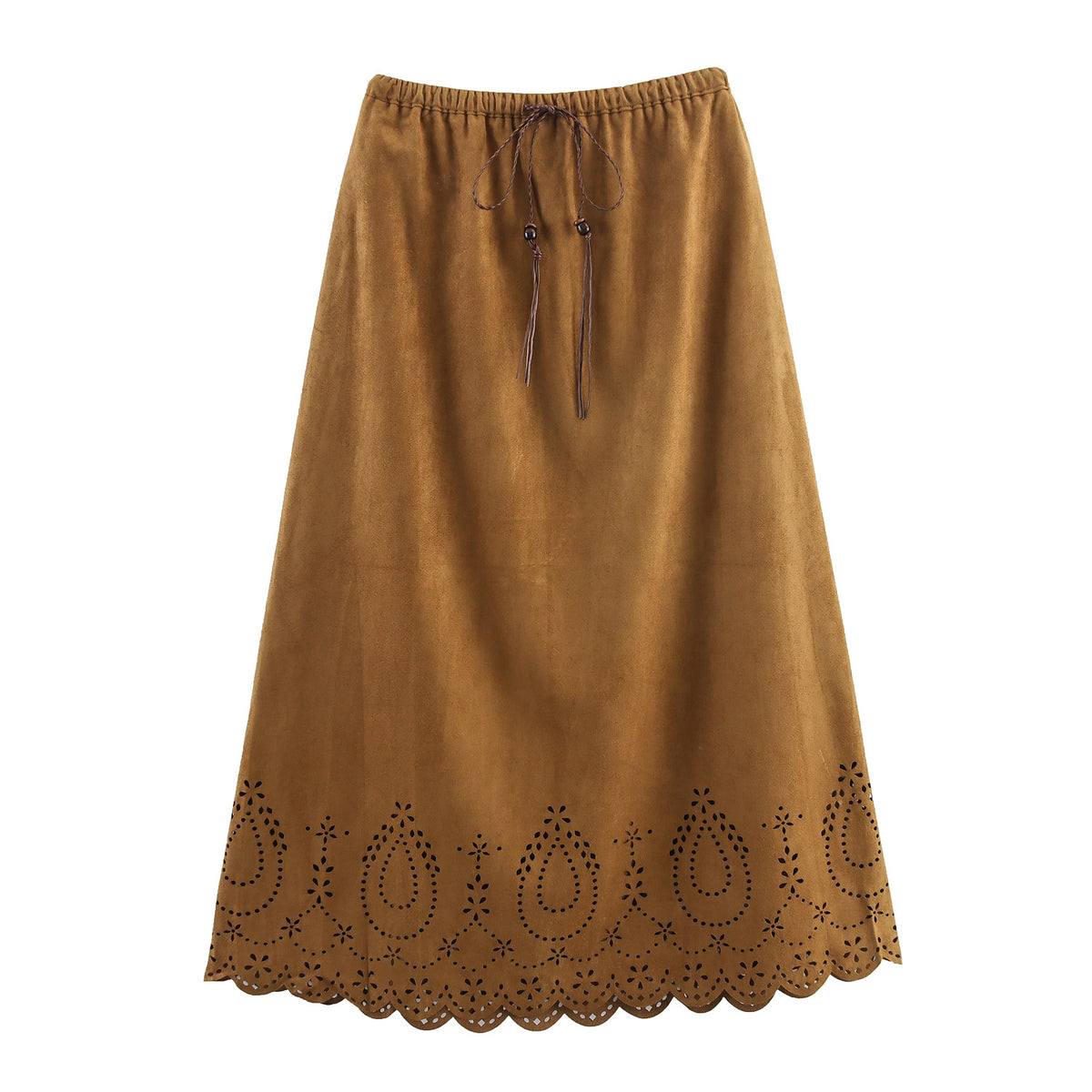 Autumn Long Suede Laser Carved Hollow Out Cutout Skirt