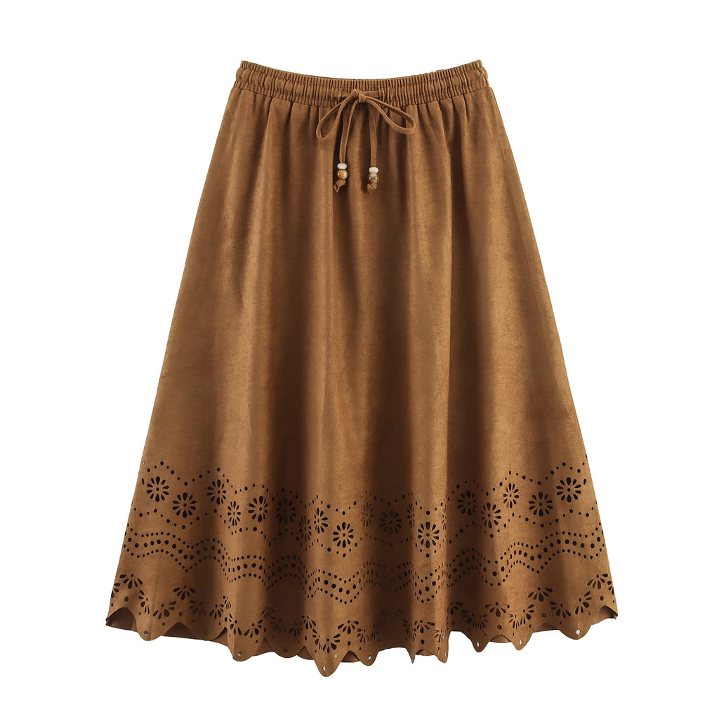 Autumn Retro Suede Laser Carved Hole Floral Vacation Skirt