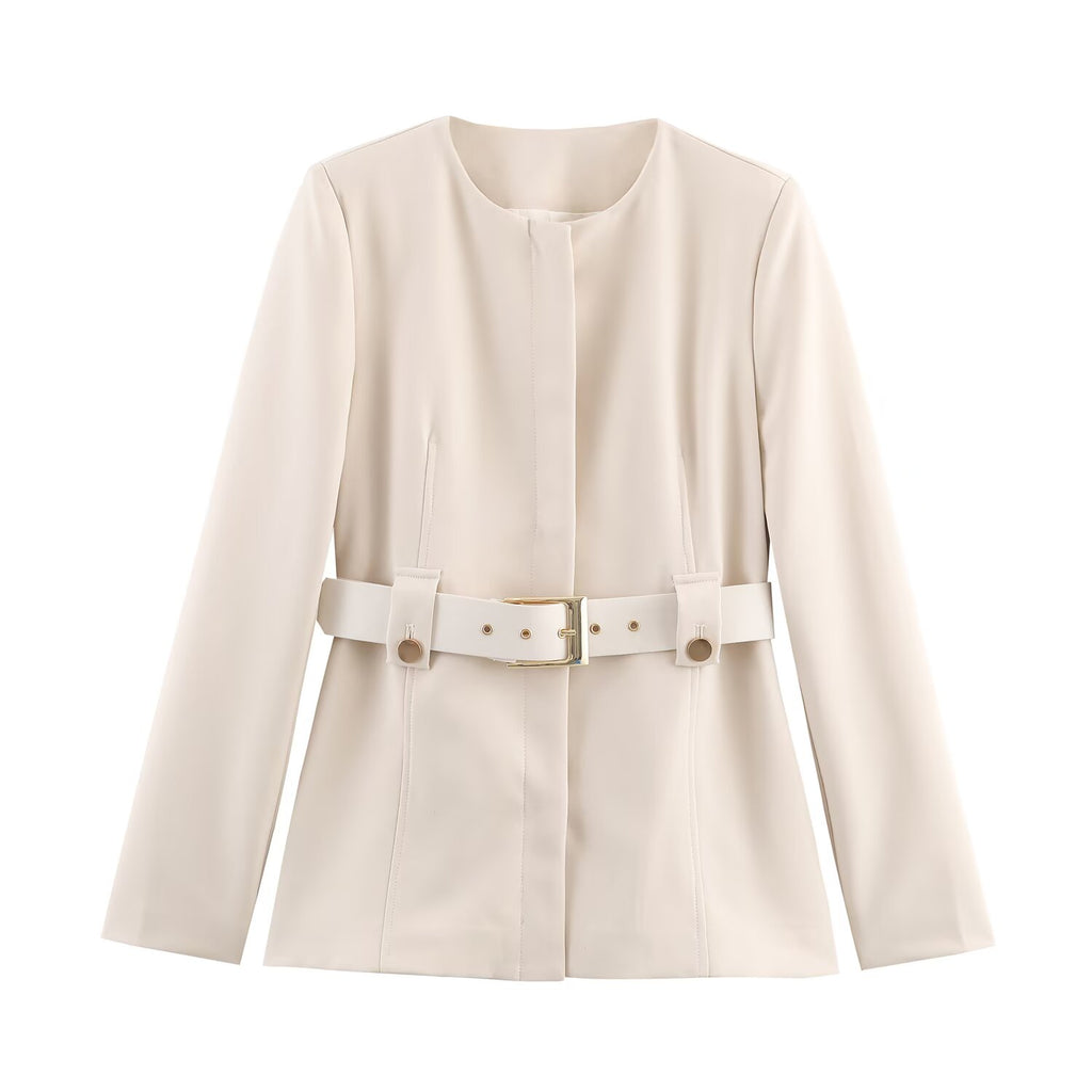 Women's Fashionable Slim Fit Belt Blazer Bell Bottom Pants Set