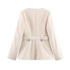 Women's Fashionable Slim Fit Belt Blazer Bell Bottom Pants Set