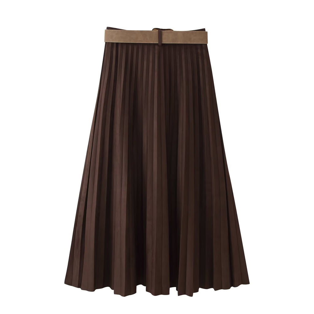 Women's With Belt Suede Effect Pleated Midi Skirt