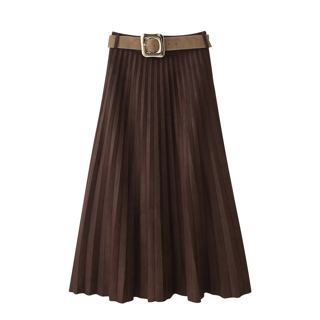 Women's With Belt Suede Effect Pleated Midi Skirt