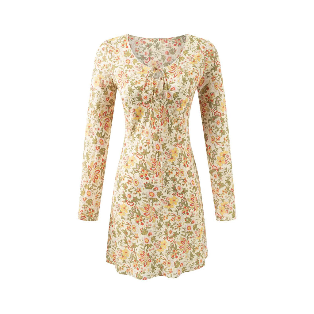 Casual Elegant Floral Printed V-Neck Tied Long Sleeves Dress