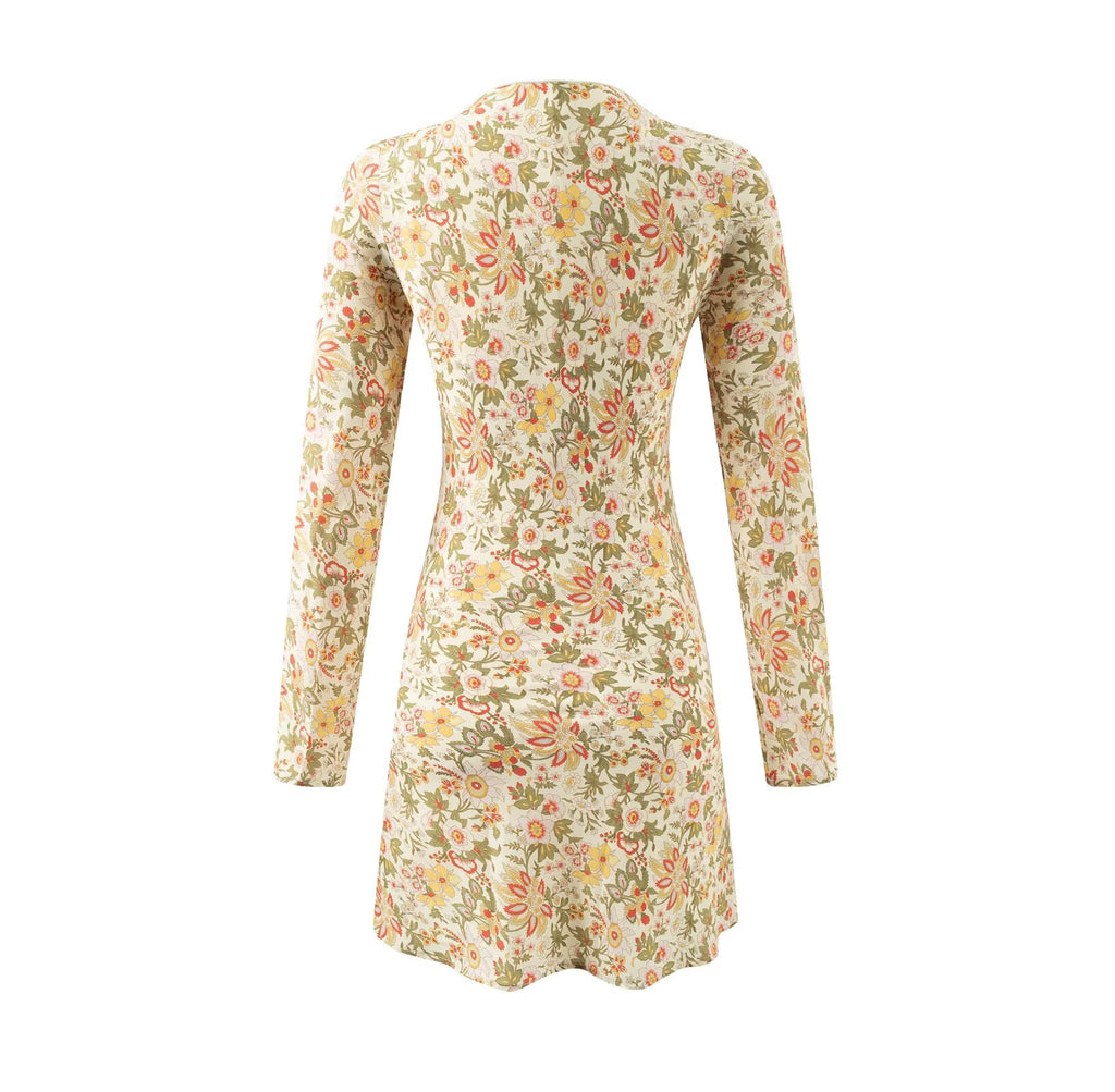 Casual Elegant Floral Printed V-Neck Tied Long Sleeves Dress