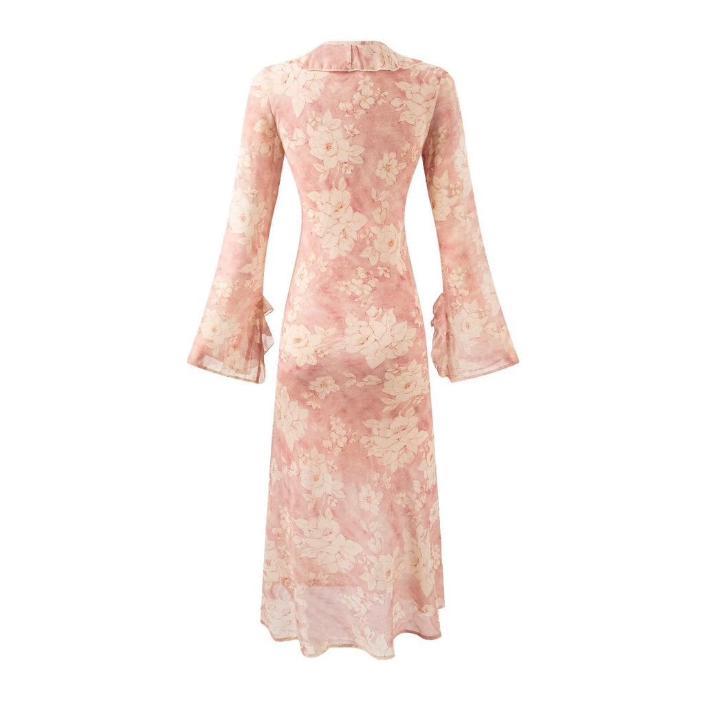 Floral Bell Sleeve Bodycon Midi Dress