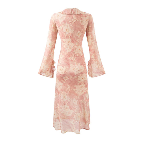 Women Bell Sleeve Mid Length Long Sleeve Printed Dress