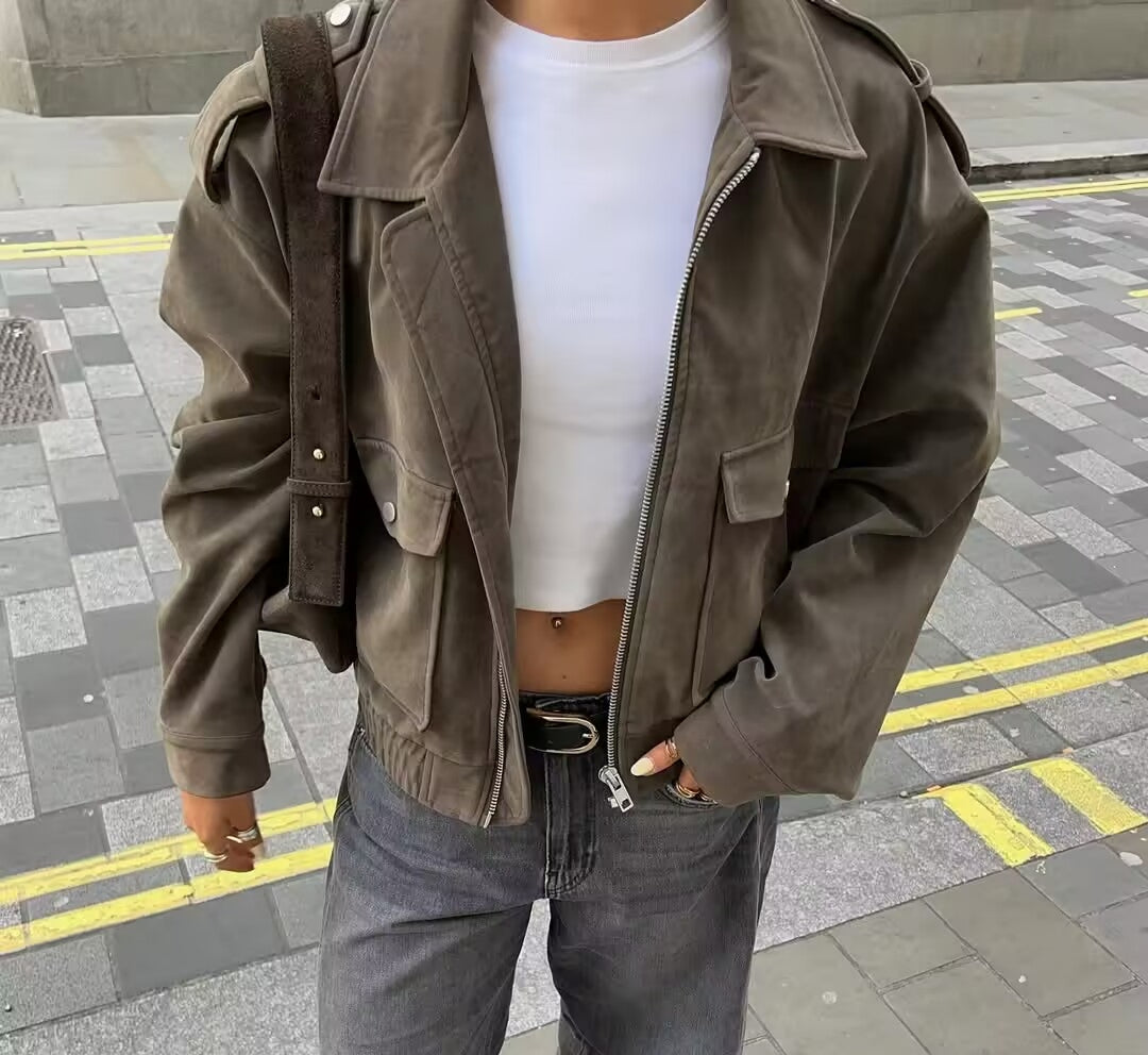 Women's Elegant Women Suede Three Color Surface Jacket Coat Texture