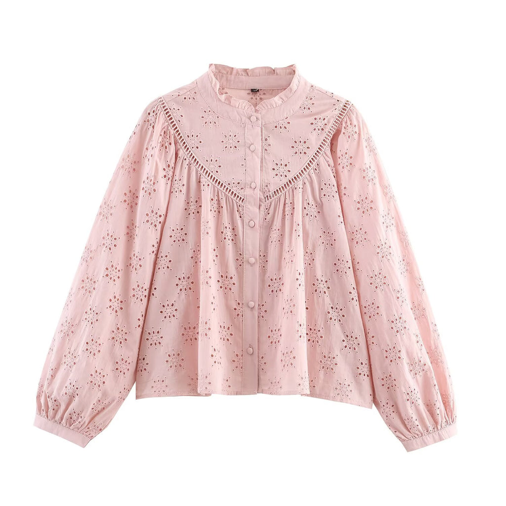Women's Embroidered Ruched Button Blouse