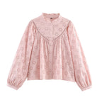 Women's Embroidered Ruched Button Blouse