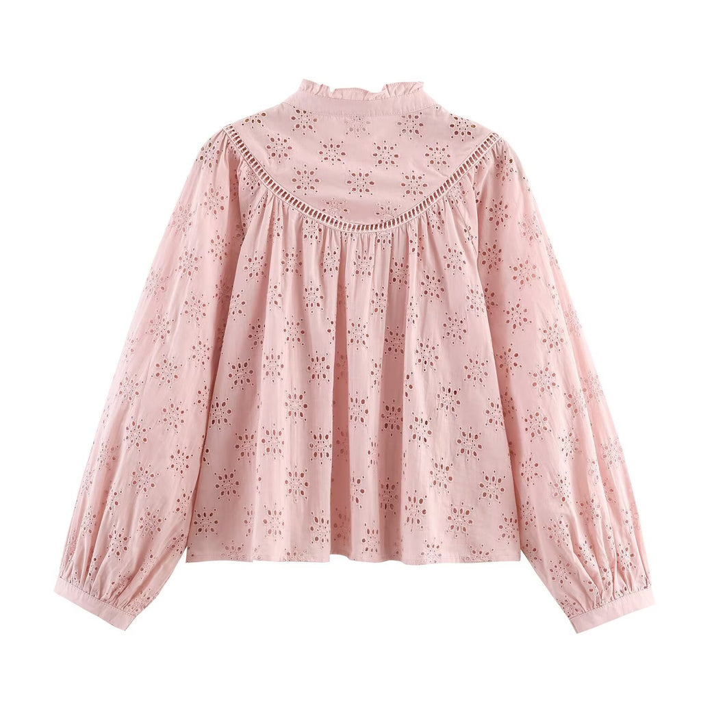 Women's Embroidered Ruched Button Blouse