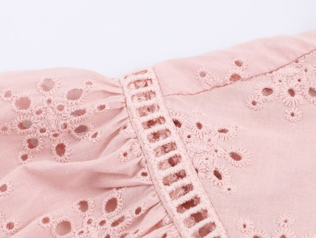Women's Embroidered Ruched Button Blouse