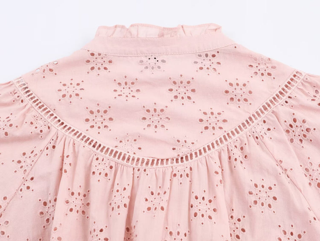 Women's Embroidered Ruched Button Blouse