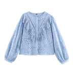 Women's Embroidered Ruched Button Blouse