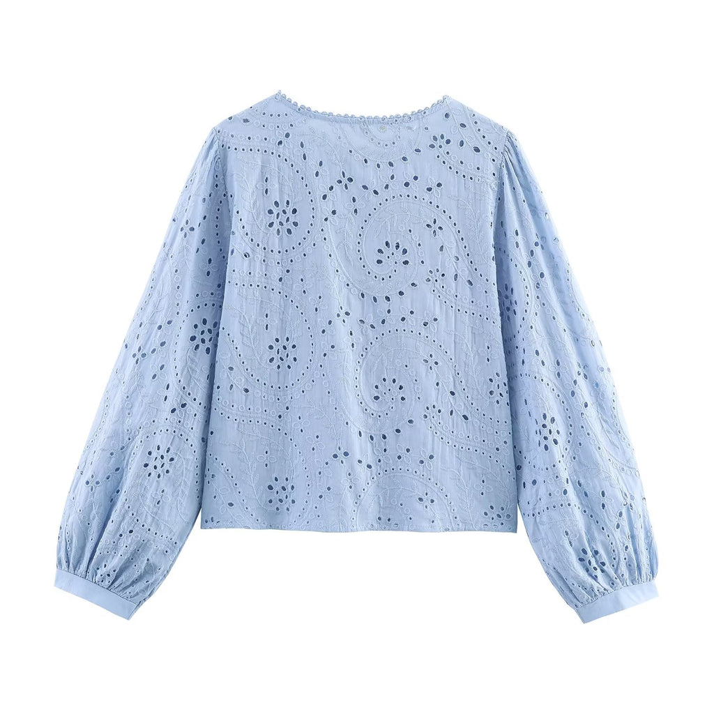 Women's Embroidered Ruched Button Blouse