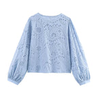 Women's Embroidered Ruched Button Blouse