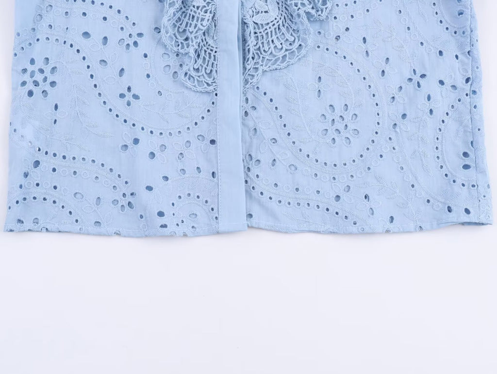 Women's Embroidered Ruched Button Blouse