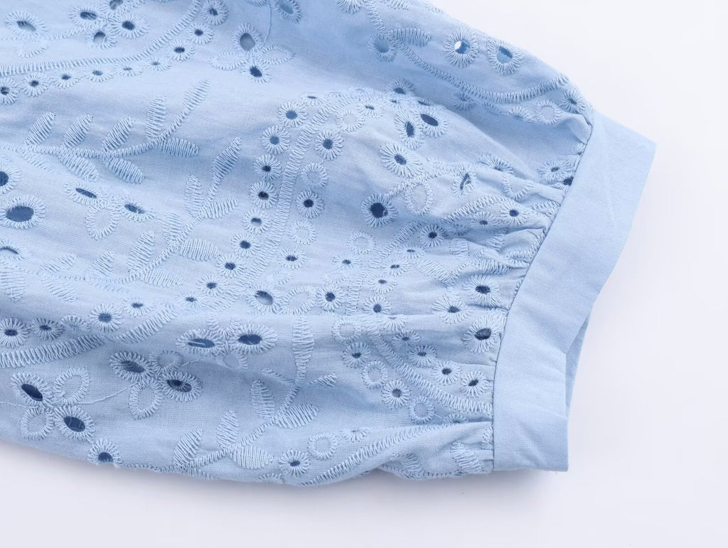 Women's Embroidered Ruched Button Blouse