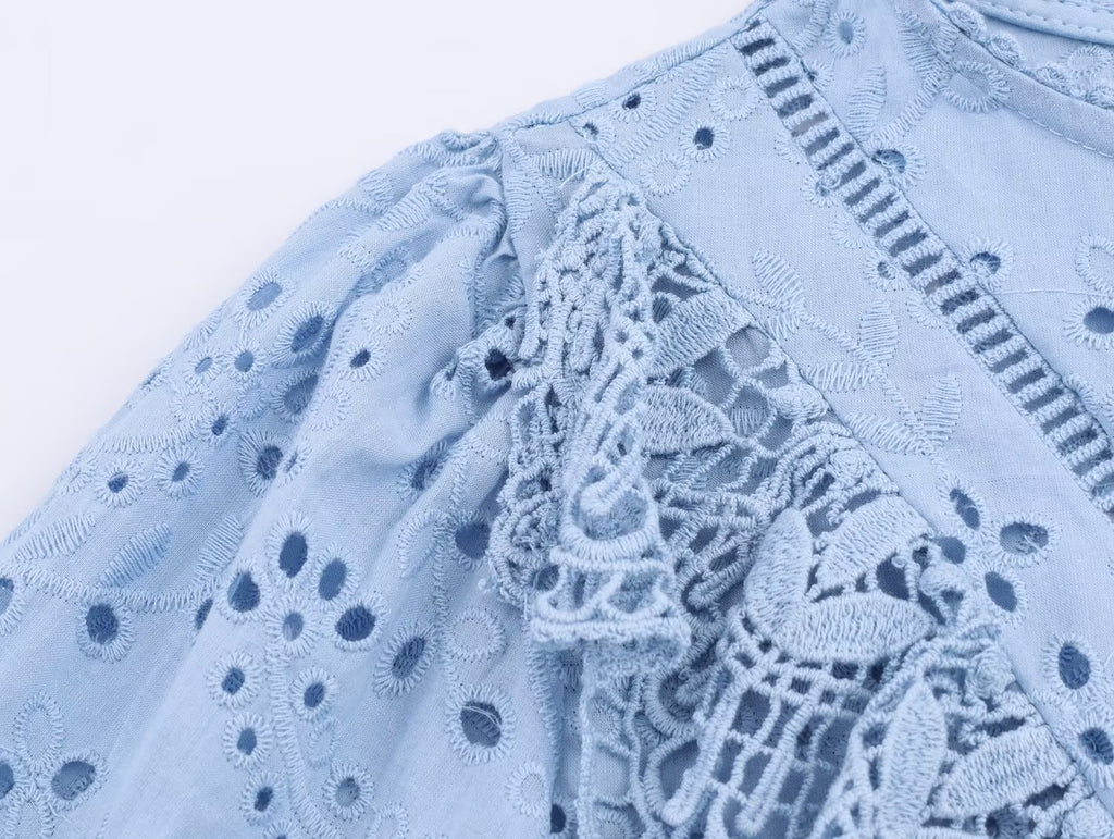 Women's Embroidered Ruched Button Blouse