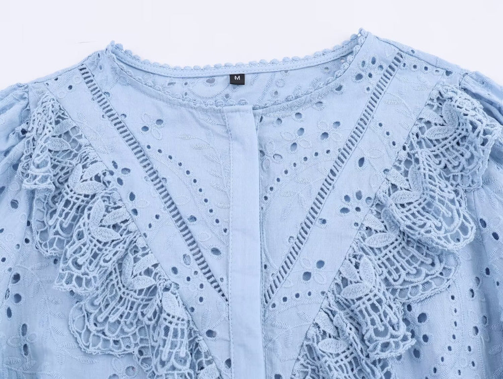 Women's Embroidered Ruched Button Blouse