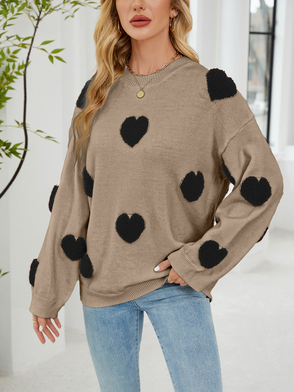 Women Long Sleeved Shirt Micro Elastic Sweater Women Three Dimensional Jacquard Love Warm Pullover Knitted Sweater