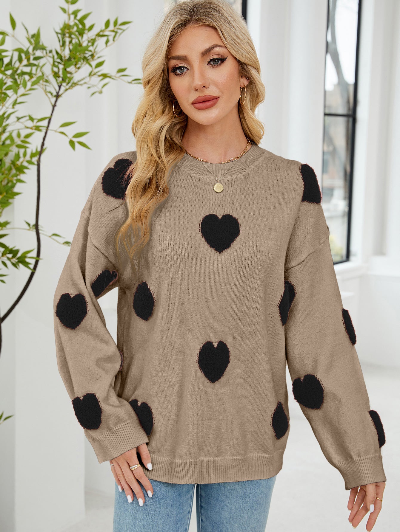 Women Long Sleeved Shirt Micro Elastic Sweater Women Three Dimensional Jacquard Love Warm Pullover Knitted Sweater