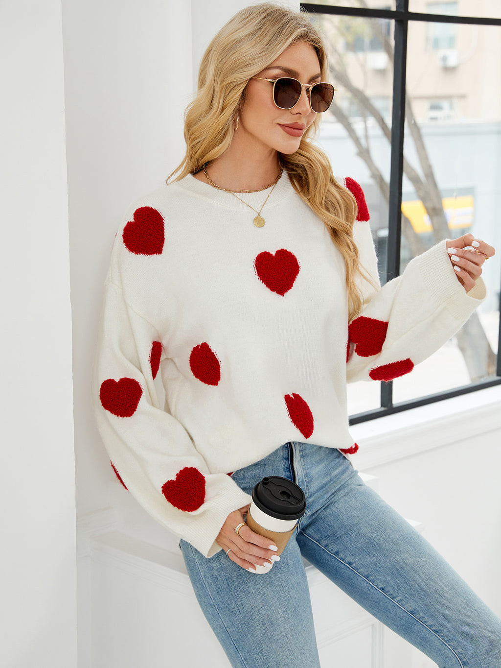 Women Long Sleeved Shirt Micro Elastic Sweater Women Three Dimensional Jacquard Love Warm Pullover Knitted Sweater