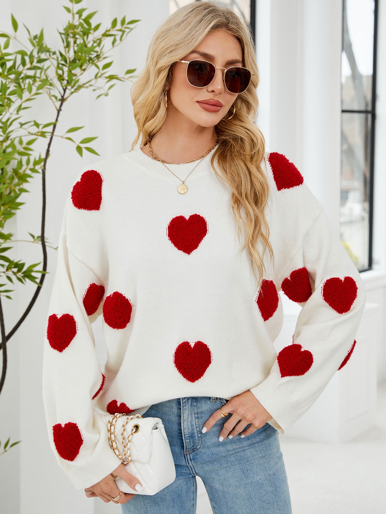 Women Long Sleeved Shirt Micro Elastic Sweater Women Three Dimensional Jacquard Love Warm Pullover Knitted Sweater