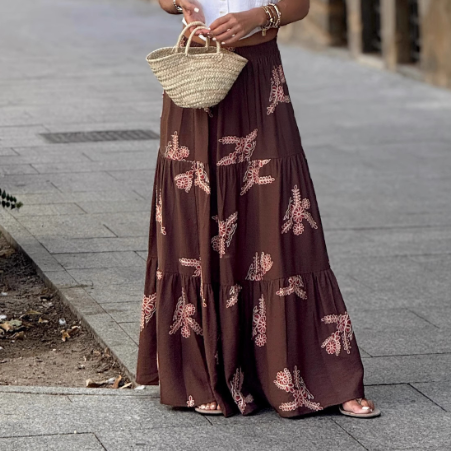 Autumn Elastic Waist Printing Big Hem Skirt