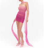 Women's Holiday Gradient Pink Pleated Slim Fit Ribbon Top