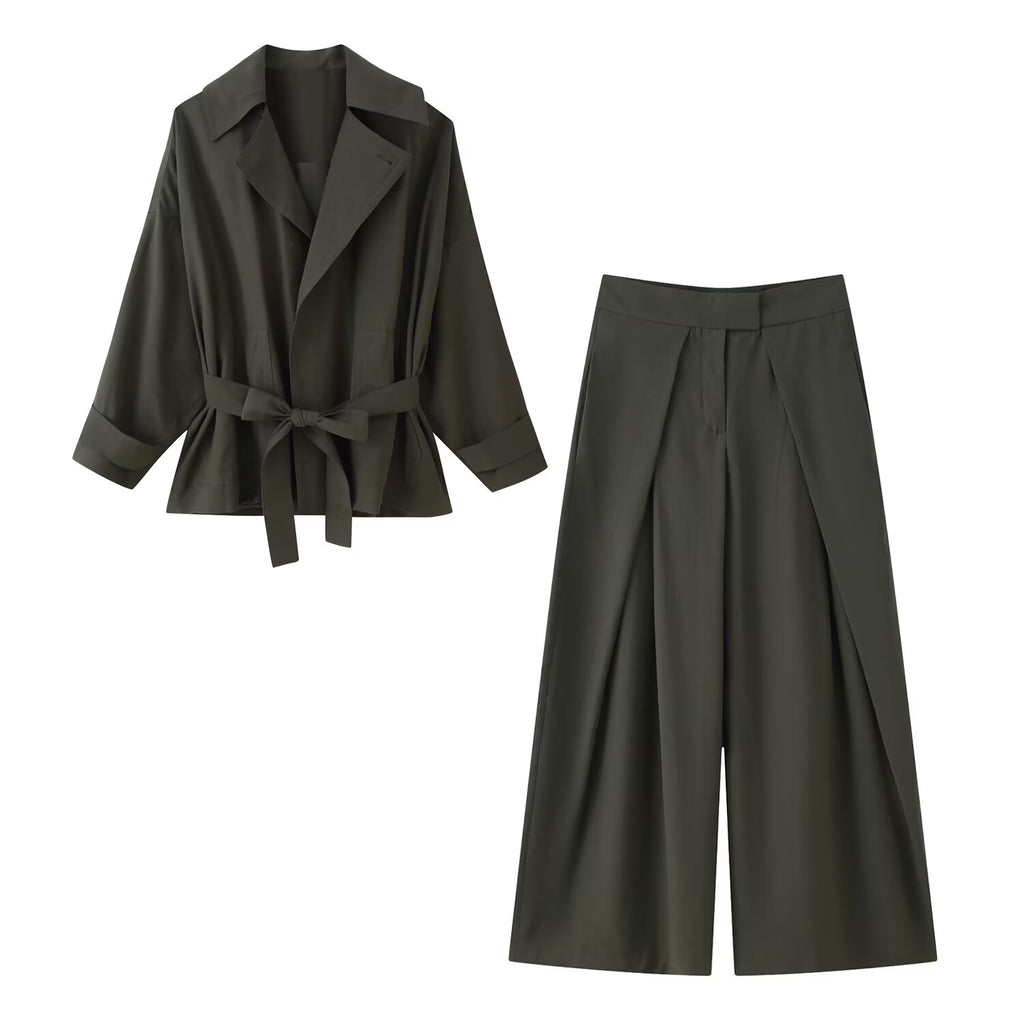 Women's Fall Belt Coat Trousers Sets