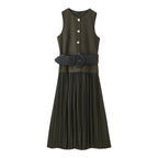 Crew-Neck Belted Ruched Sleeveless A-Line Maxi Dress