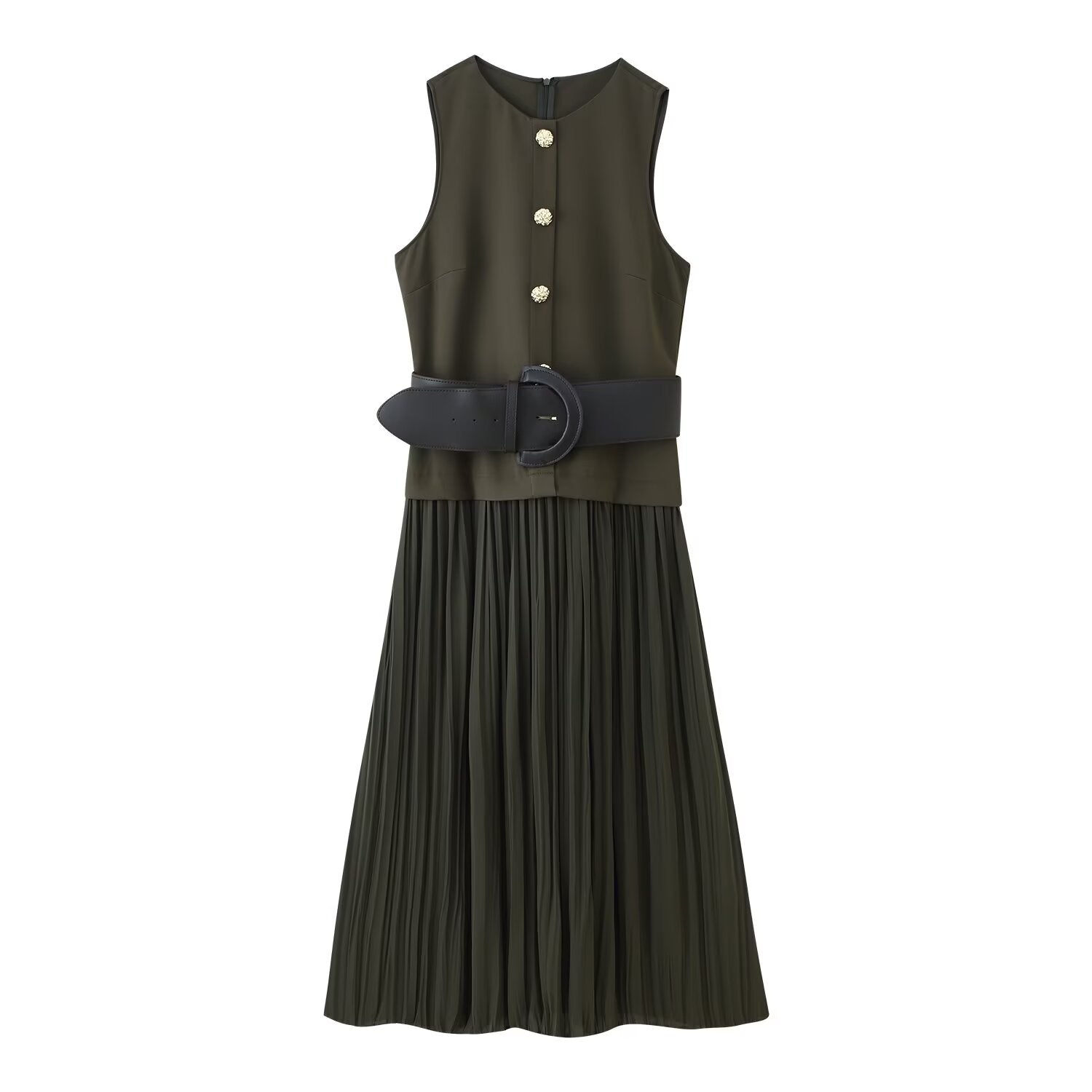 Crew-Neck Belted Ruched Sleeveless A-Line Maxi Dress