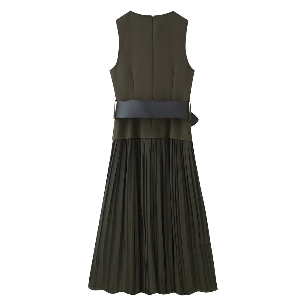 Crew-Neck Belted Ruched Sleeveless A-Line Maxi Dress