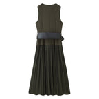 Crew-Neck Belted Ruched Sleeveless A-Line Maxi Dress