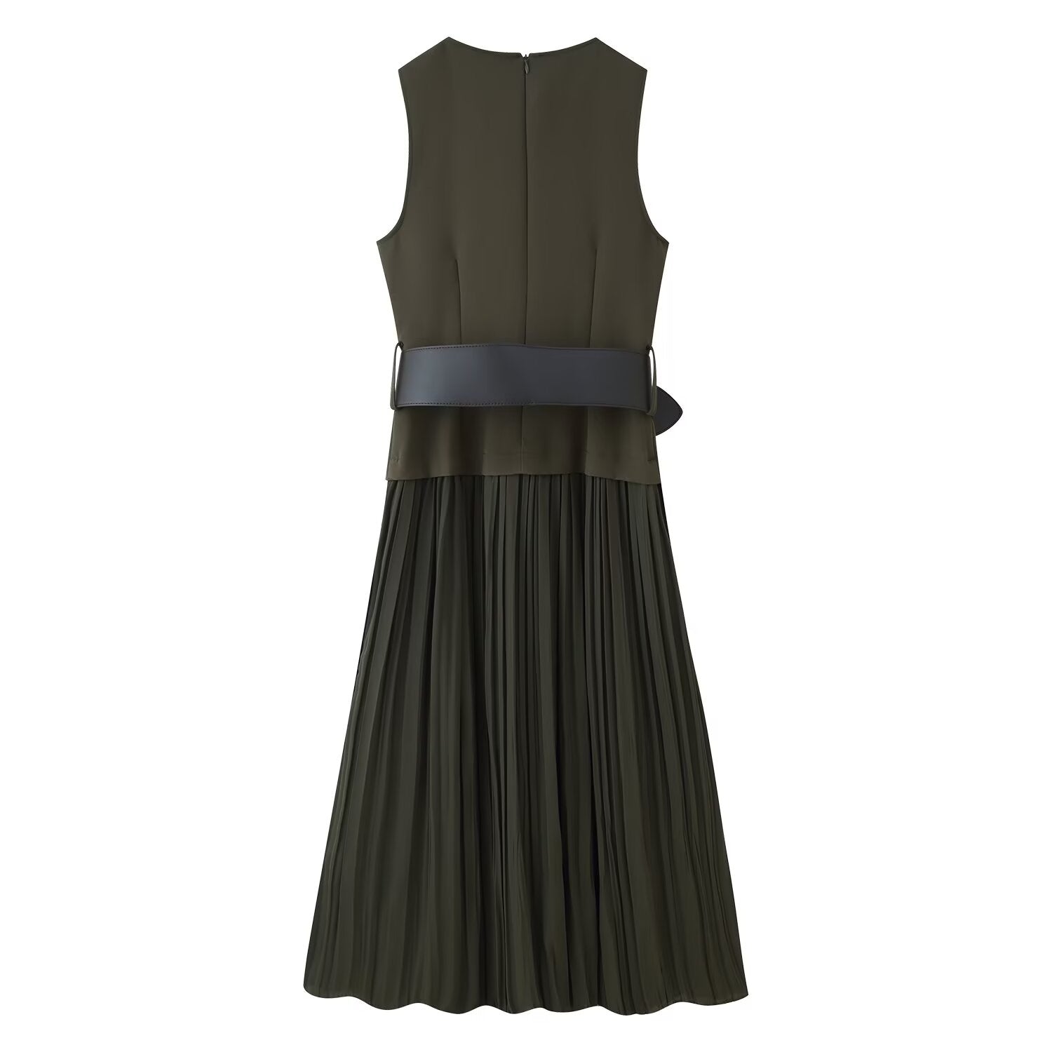 Crew-Neck Belted Ruched Sleeveless A-Line Maxi Dress