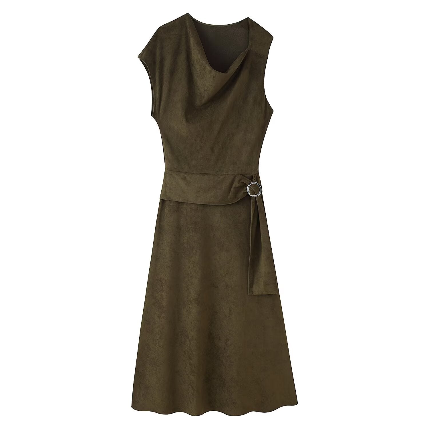 Suede Cowl-Neck Asymmetric Short-Sleeve A-Line Maxi Dress