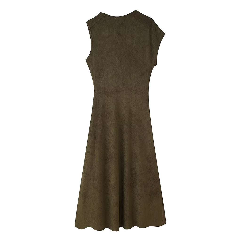 Suede Cowl-Neck Asymmetric Short-Sleeve A-Line Maxi Dress