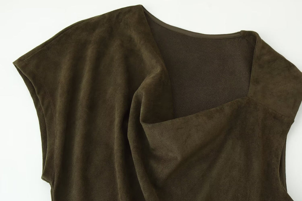 Suede Cowl-Neck Asymmetric Short-Sleeve A-Line Maxi Dress
