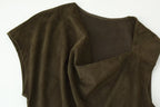 Suede Cowl-Neck Asymmetric Short-Sleeve A-Line Maxi Dress