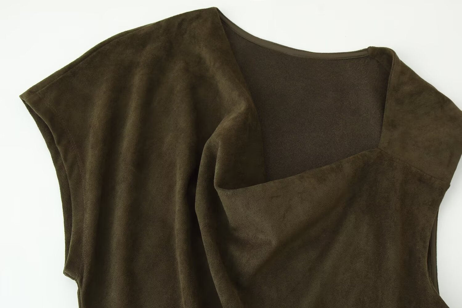 Suede Cowl-Neck Asymmetric Short-Sleeve A-Line Maxi Dress