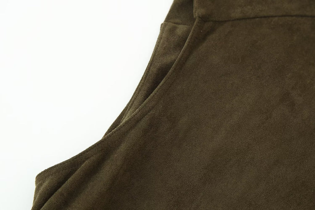 Suede Cowl-Neck Asymmetric Short-Sleeve A-Line Maxi Dress