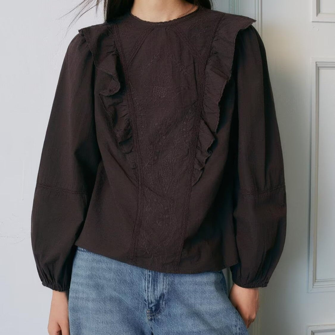 Women's Solid Color Floral Embroidered Shirt