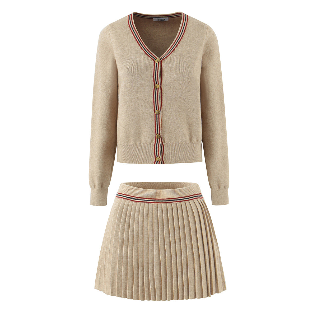 Women's Fall V-Neck Long Sleeved Knitted Cardigan Pleated Skirt Set