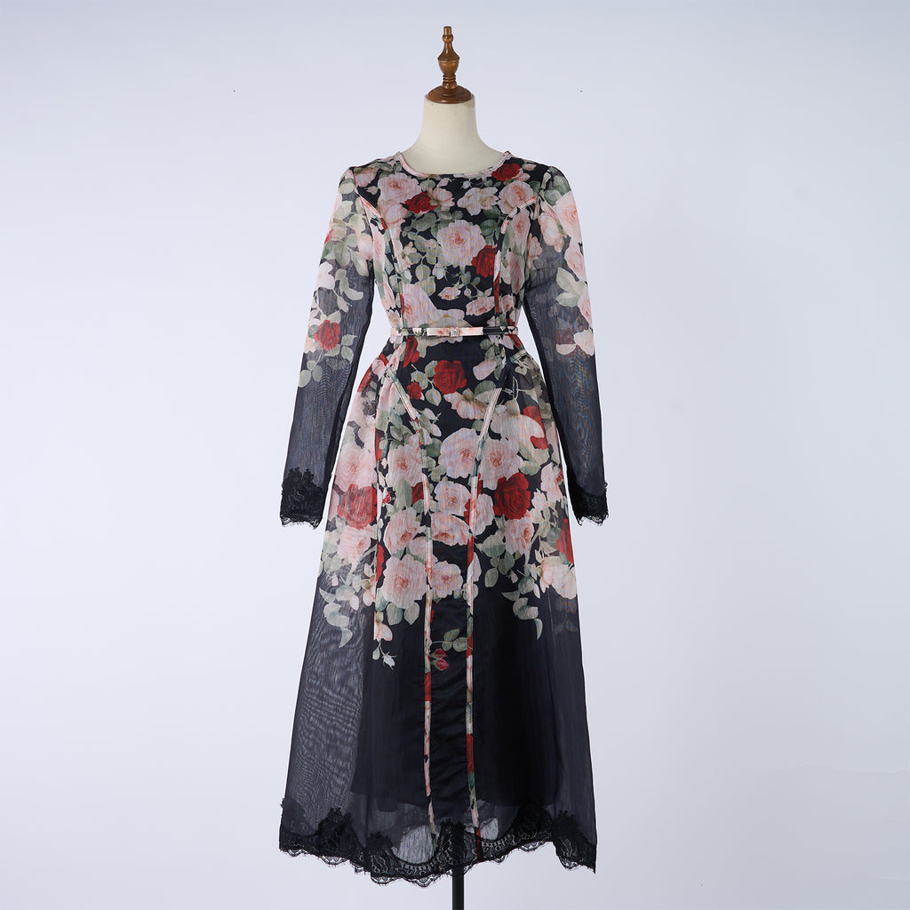 Women's Crew-Neck Floral Lace Rhinestone Belted Long-Sleeve A-Line Maxi Dress